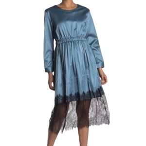 Faux Leather PVC Midi Dress Teal Blue Black Lace‎ Long Sleeve Fairycore